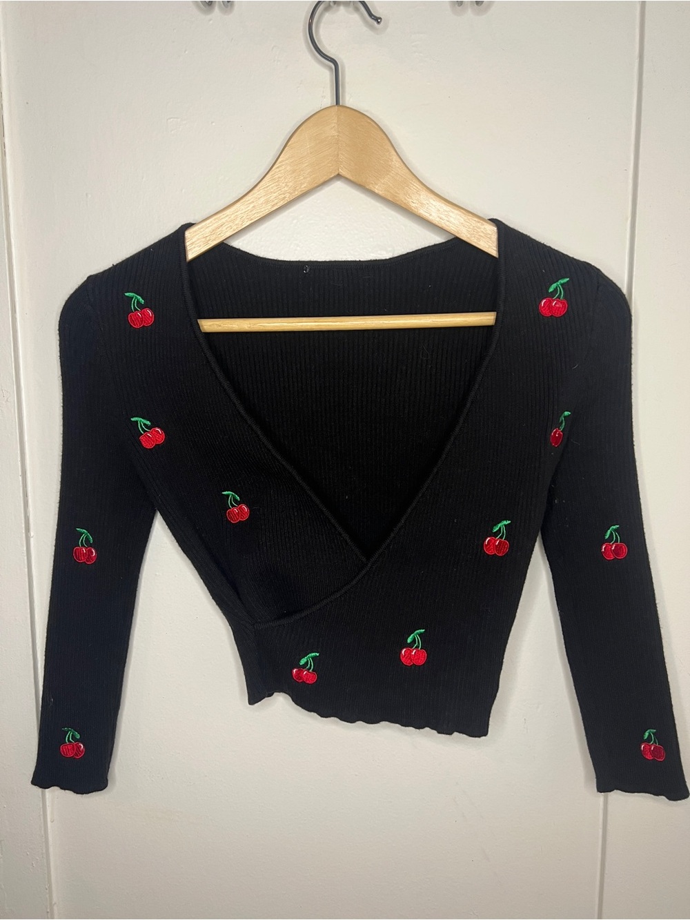 Black Cherry Embroidered V-Neck Ribbed Crop Top - Women
